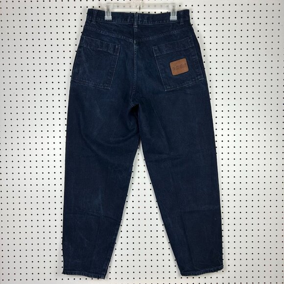 Boss 90s Wide Leg Blue Jeans 34x32 Leather Patch Hip Hop Tupac Baggy Y2K Pants - Picture 1 of 6